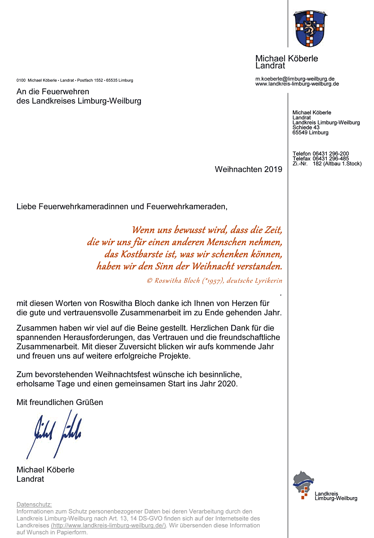 Weihnachtsgrüße des Landkreises Limburg-Weilburg