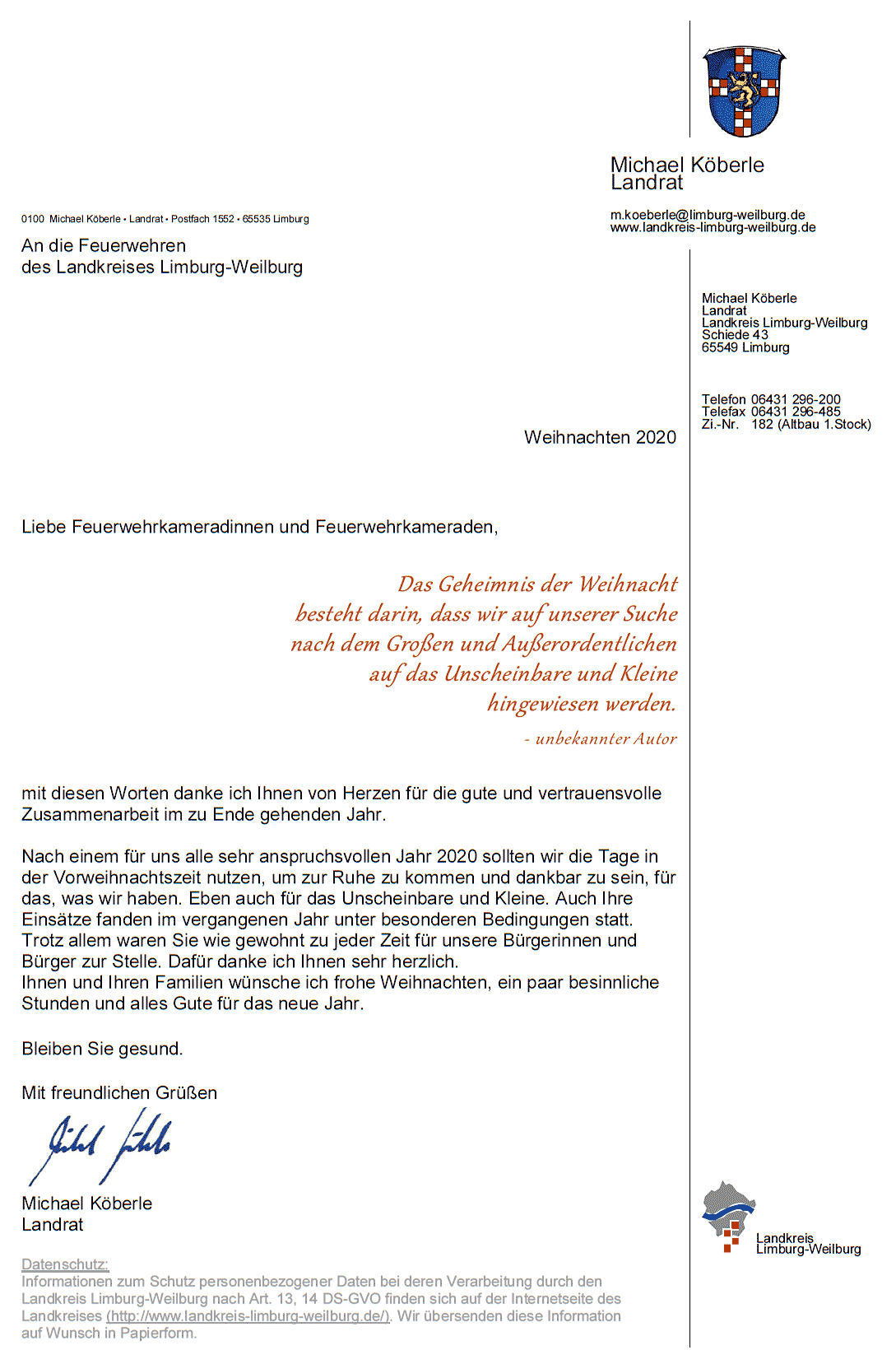Weihnachtsgrüße des Landkreises Limburg-Weilburg