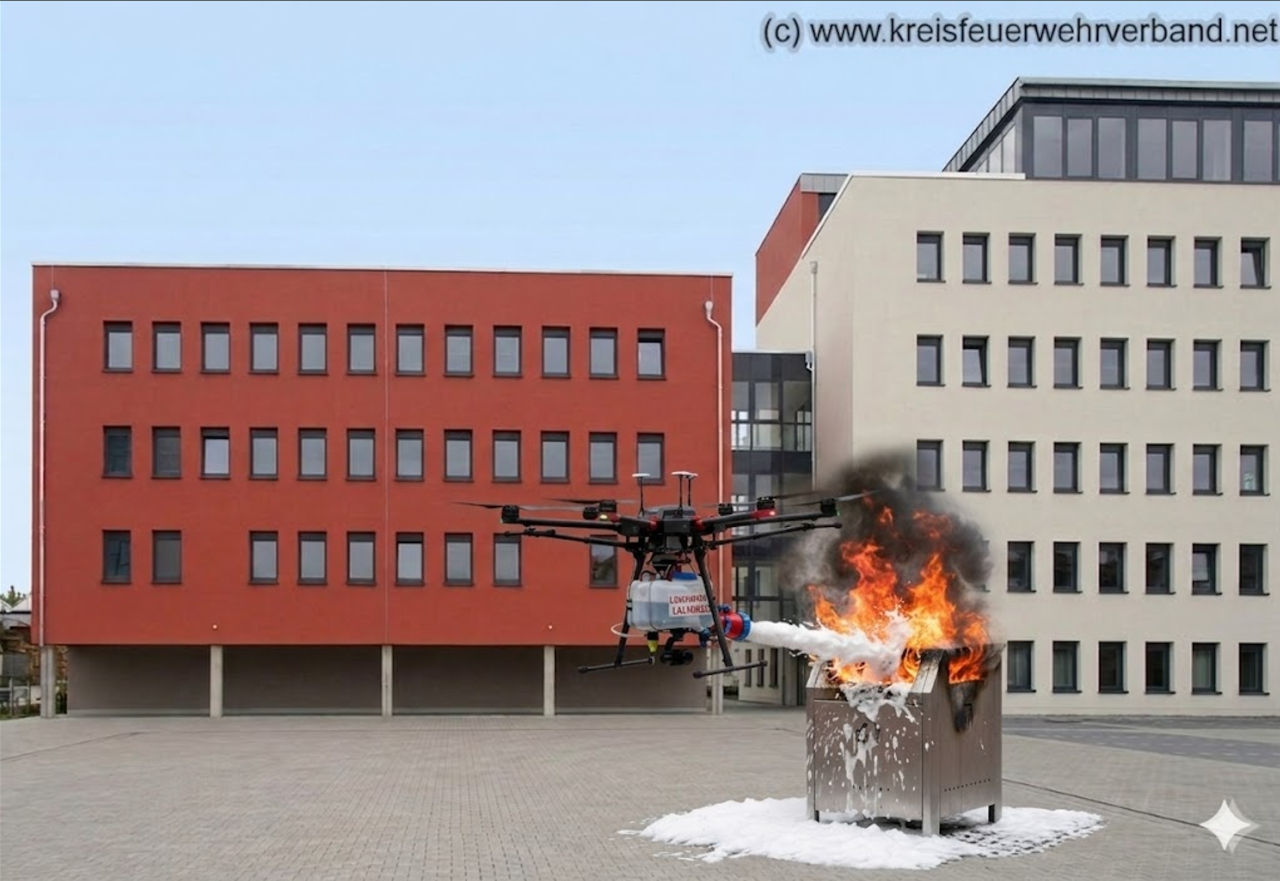 Die neue Löschdrohne beim einem Test zum Löschen eines Mülleimers (erstellt mit KI Gemini)